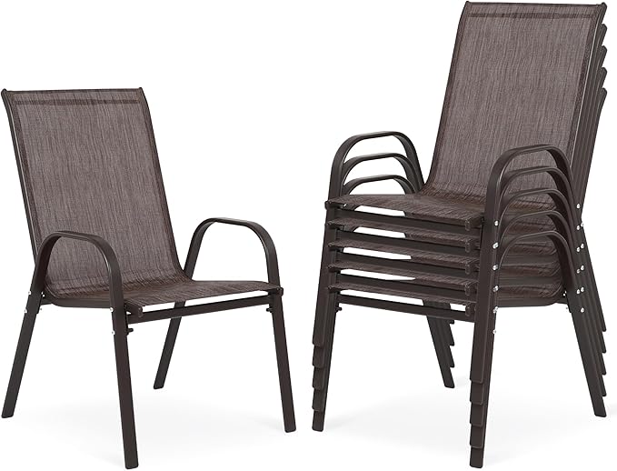 Outdoor Stackable Chairs Set of 6, Stacking Patio Chairs with Textilene Fabric, Outside Furniture for Garden Backyard Balconie Poolside Deck, Brown by Villeston
