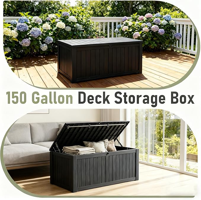 Outdoor Storage Box, Resin Deck Boxes Indoor and outdoor, Waterproof Storage Box Lockable Lid (Black,150 Gallon) - Image 3