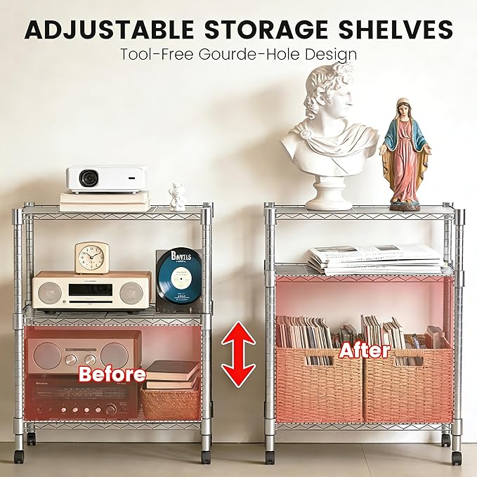 Xcity Storage Shelves, 3 Tier Heavy Duty Metal Shelving Unit with Wheels, 1050 LBS Capacity Adjustable Steel Wire Shelf Organizer for Pantry, Kitchen, Garage, 14" D x 24" W x 30" H, Chrome - Image 4