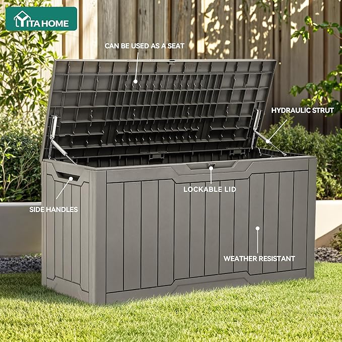 YITAHOME 80 Gallon Outdoor Storage Box, Large Waterproof Resin Deck Box, Indoor Outdoor Lockable Storage Container for Patio, Garden, Cushions, Tools, Equipment (Taupe) - Image 3