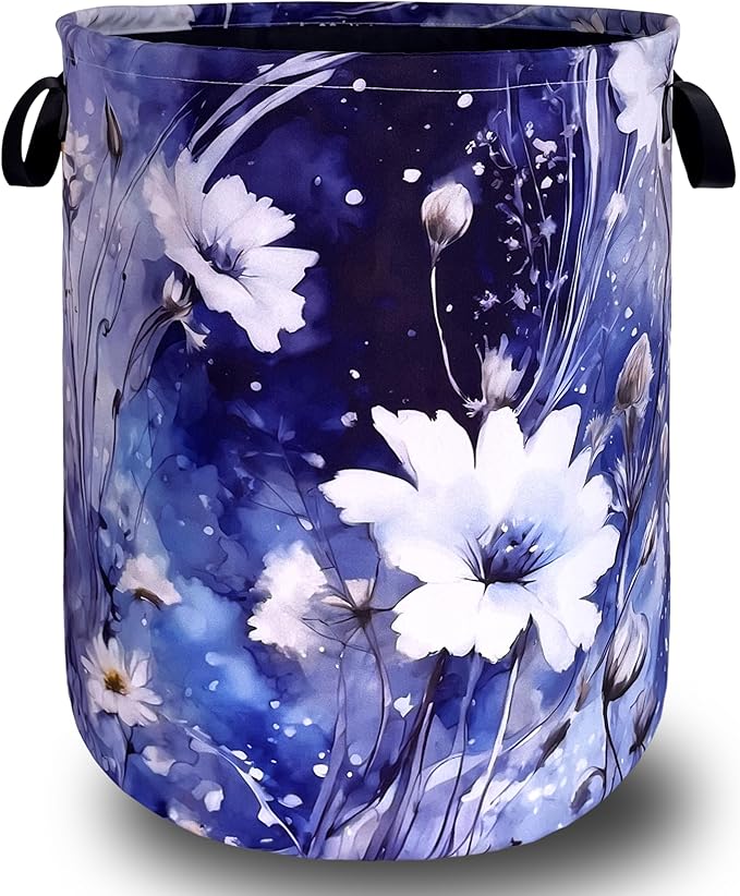 Blue Daisy Flower Laundry Basket Foldable Oxford Cloth Watercolor Floral by Unknown