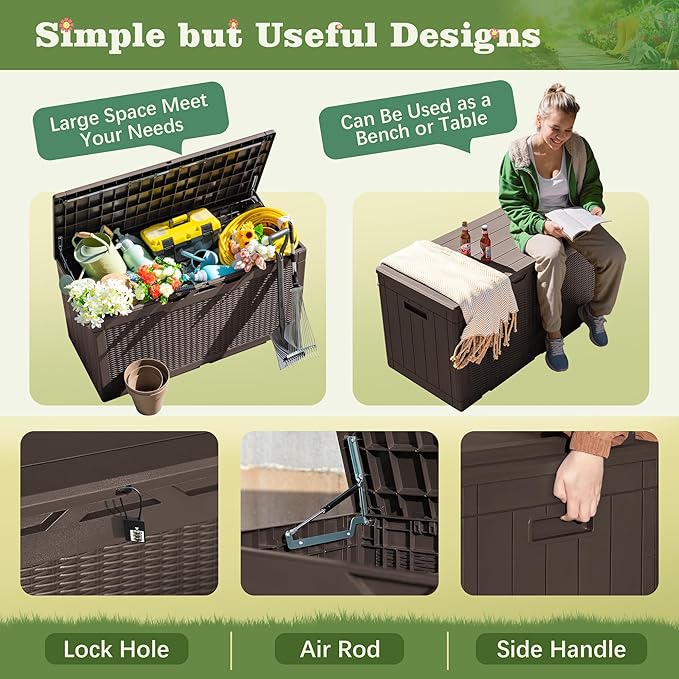 Flamaker Outdoor Storage Box 100 Gallon Waterproof Resin Deck Box Delivery with Air Rod Indoor Outdoor Lockable Storage Bench for Patio Cushions, Tools, Pool Accessories (Deep Brown) - Image 4