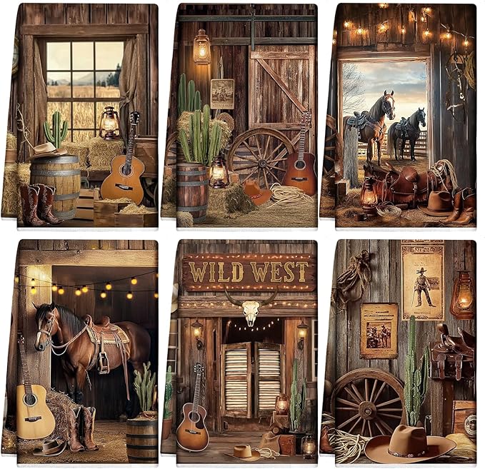 Breling 6 Pcs Western Cowboy Scene Kitchen Towel Wooden House Barn Vintage by Breling