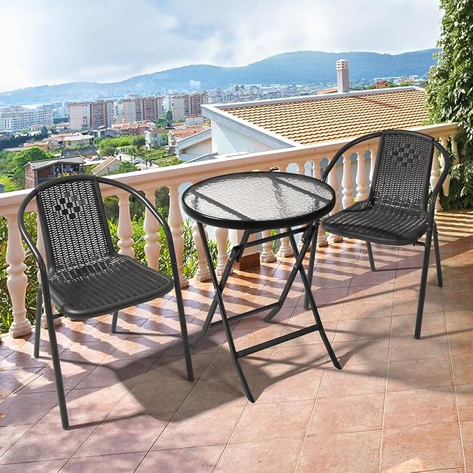 VINGLI PE Rattan Outdoor Dining Chairs Set of 2, Plastic Stackable Patio Chairs for Indoor, Porch, Restaurant, Garden, Black - Image 2