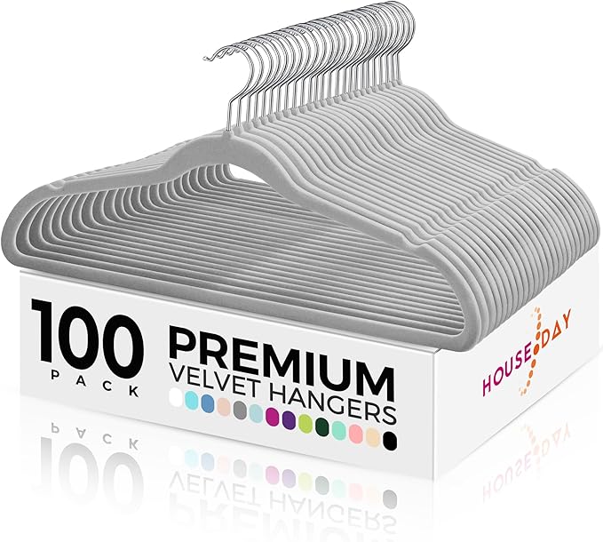 HOUSE DAY Premium Velvet Hangers 100 Pack Grey, Non-Slip Flocked Felt Hangers by HOUSEDAY