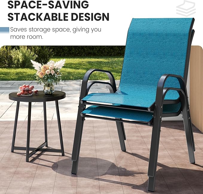 Patio Dining Chairs Set of 4, Stackable Dining Chairs High Back, Breathable Seat Fabric and Alloy Steel Frame Fit Backyard, Porch, Lawn，Poolside (Sky Blue) - Image 6