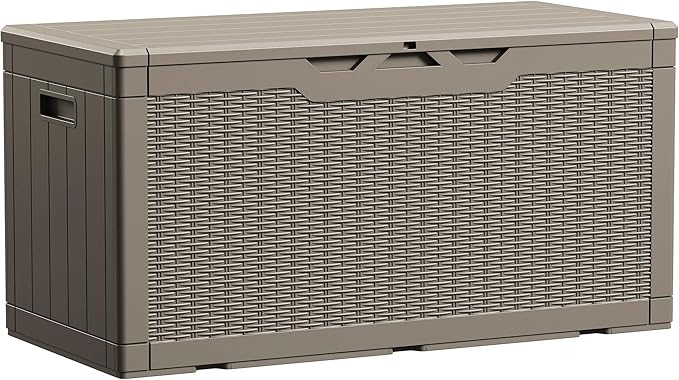 Devoko 100 Gallon Waterproof Large Resin Deck Box Indoor Outdoor Lockable Storage Container for Patio Furniture Cushions Garden Tools (100 Gallon, Light Brown) by DEVOKO