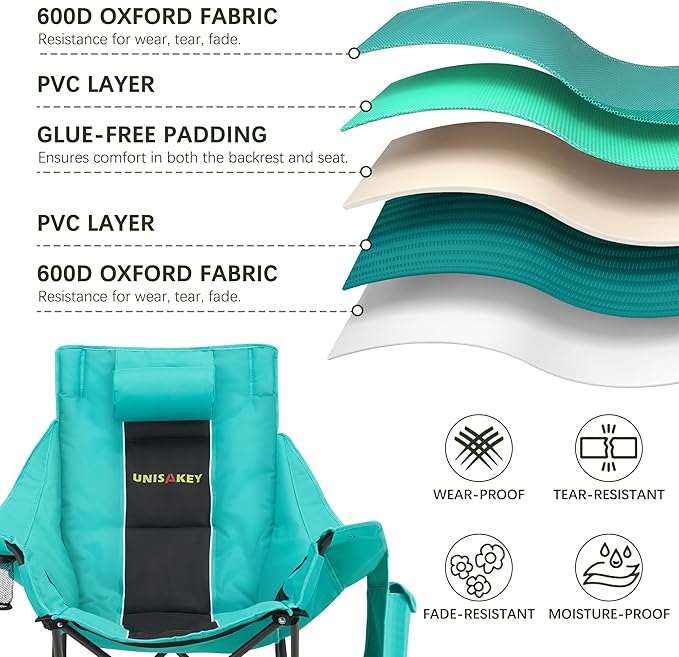 Oversized Rocking Camping Chair with Headrest & Cup Holder - 400lbs Capacity, 600D Oxford Fabric, Easy Fold Portable Outdoor Rocker Chair for Camping, Backyard, Beach, Blackgreen - Image 4
