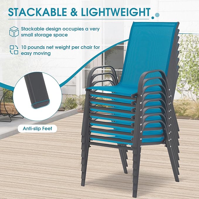 Outdoor Stackable Chairs Set of 8, Stacking Patio Chairs with Textilene Fabric, Outside Furniture for Garden Backyard Balconie Poolside Deck, Blue - Image 4