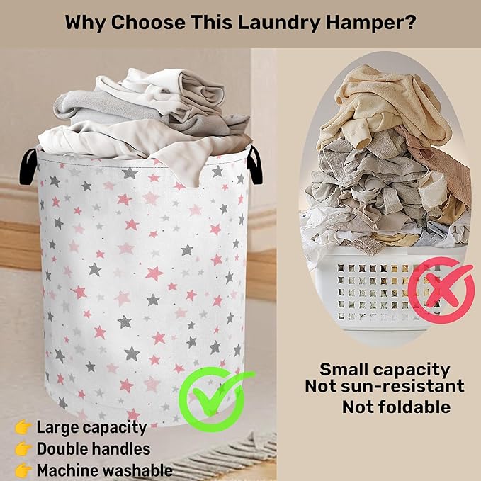 Cute Pink Stars Foldable Canvas Laundry Basket - Image 3