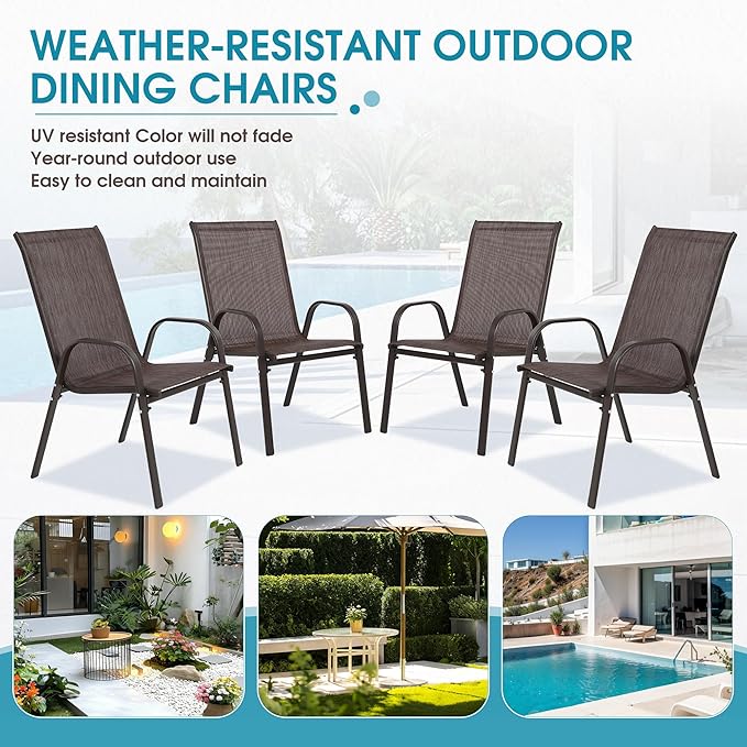 Outdoor Stackable Chairs Set of 4, Stacking Patio Chairs with Textilene Fabric, Outside Furniture for Garden Backyard Balconie Poolside Deck, Brown - Image 7