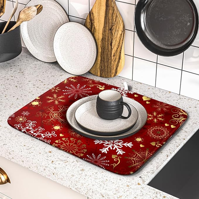 Red Snowflake Dish Drying Mat for Kitchen Counter Holiday Super Absorbent - Image 5