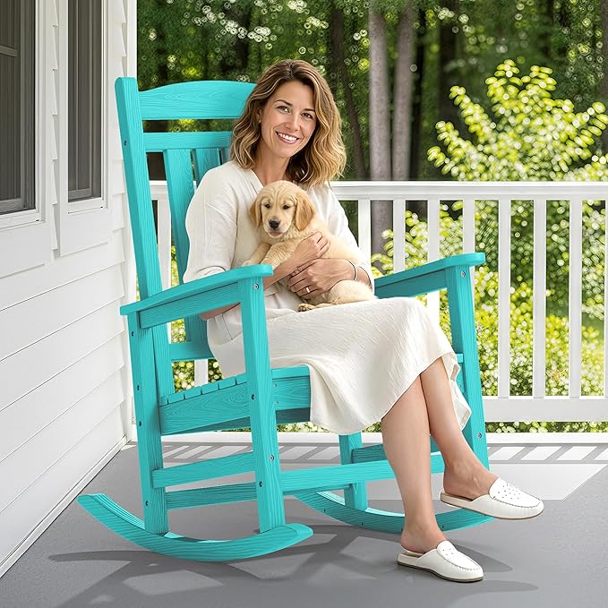 SERWALL Oversized Outdoor Rocking Chair, All-Weather Patio Rocking Chair, HDPE Porch Rocker for Adults, Aruba Blue - Image 2