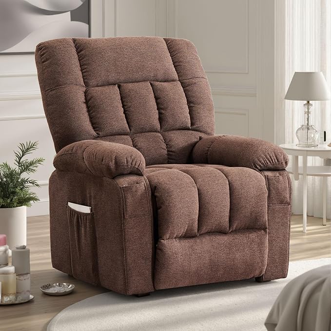 Sweetcrispy Power Lift Recliner Chair with Vibration Massage and Heat for Adults, Ergonomic Overstuffed Breathable Fabric Reclining Chair with Side Pockets, Remote Control, Living Room, Bedroom, Brown - Image 2