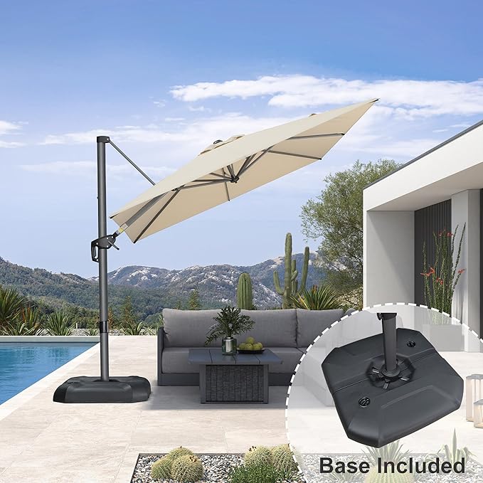 PURPLE LEAF 8 Feet Square Cantilever Umbrella Patio Umbrella with Base Outdoor Umbrella Aluminum with 360-degree Rotation for Garden Deck Pool Patio Beige - Image 3