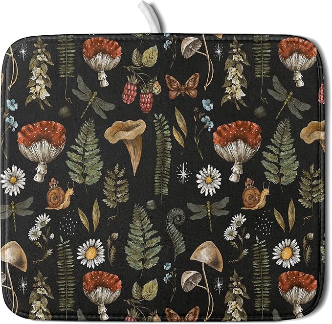 Mushroom Fern Leaves Berry Dish Drying Pad 16 x 18 Inch by APORTT