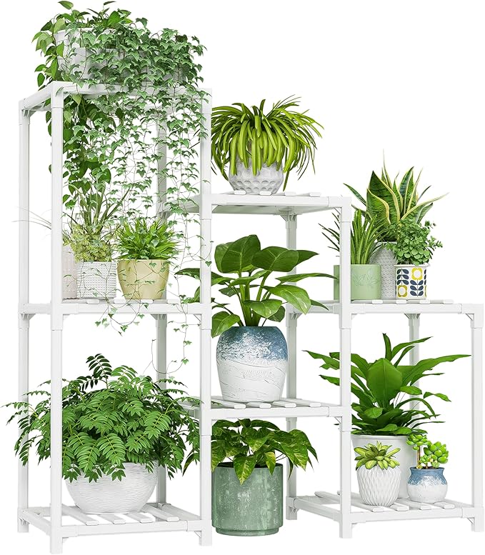 Bamworld Indoor Plant Stand Outdoor White Shelf Bamboo Plant Table for Multiple Plants 3 Tiers 7 Pots Ladder Holder Pot Window Garden Balcony Living Room by Bamworld