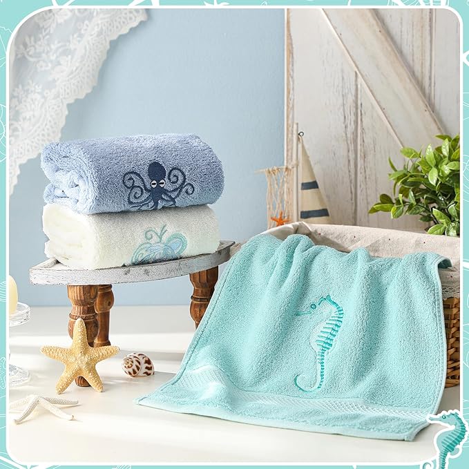 3 Pack Coastal Hand Towels for Bathroom 100% Cotton Embroidered Bathroom Towels - Image 4