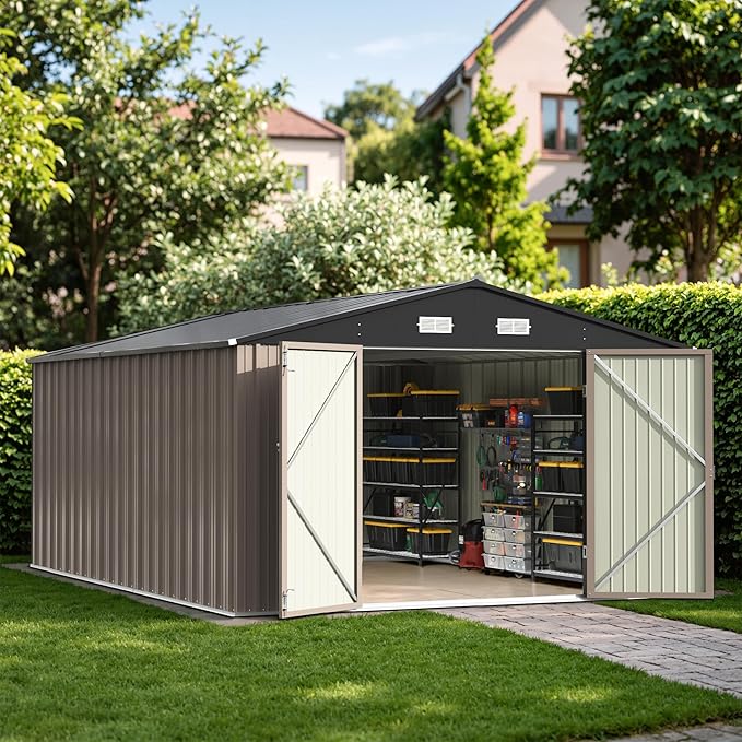 Patiowell 10x14 FT Outdoor Storage Shed, Large Metal Garden Shed with Lockable Door and Sloping Roof, Outside Steel Utility Tool Sheds for Backyard Lawn Garden Patio, Brown by Patiowell