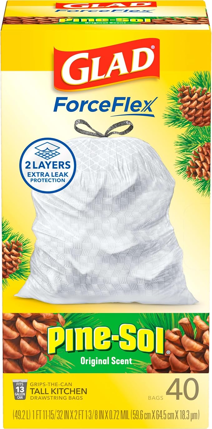 Glad ForceFlex Tall Kitchen Drawstring Trash Bags, 13 Gal, Pine-Sol Original - Image 12