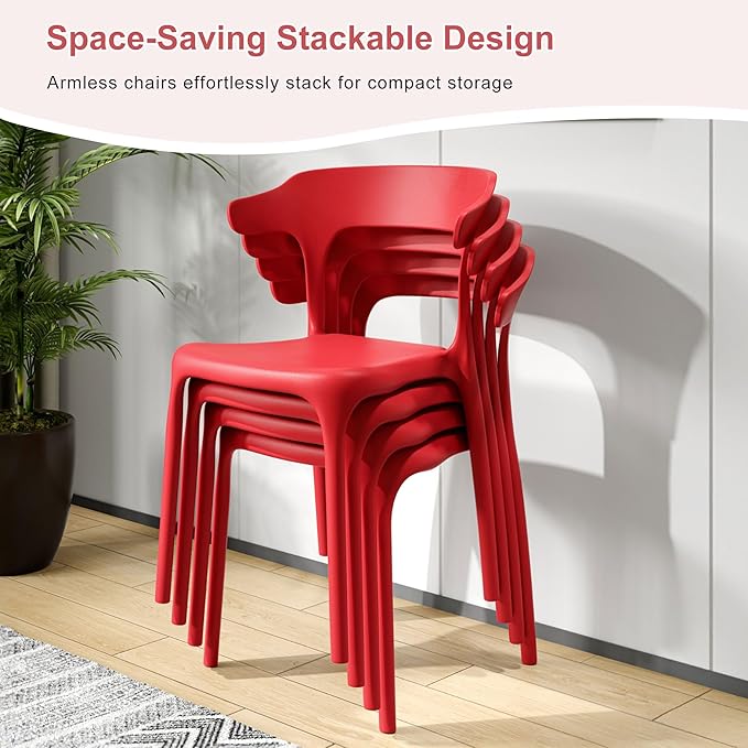 VECELO 4 Pack Plastic Stacking Chairs, Stackable Dining Chairs for Kitchen Restaurant Patio, Portable Indoor Outdoor Use, No Assembly Required, Red - Image 4