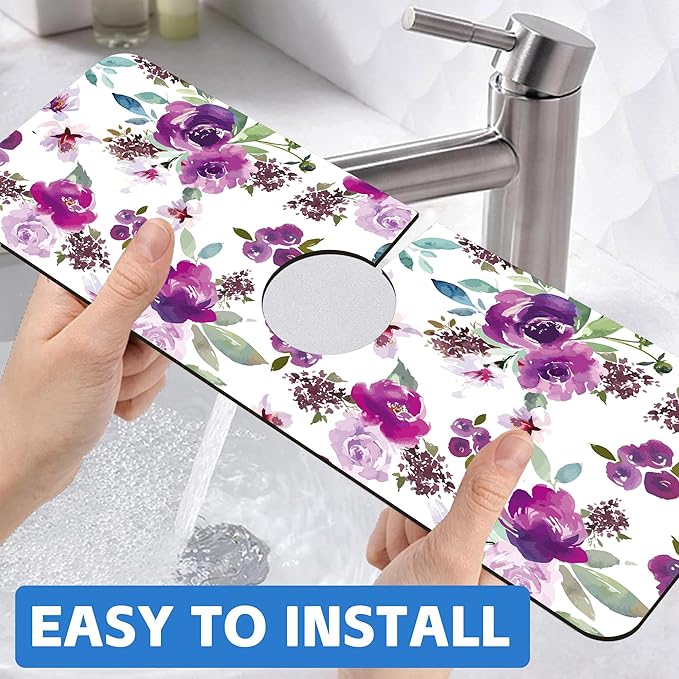 Watercolor Purple Flowers Faucet Absorbing Mat Splash Guard Draining Mat Fast - Image 6