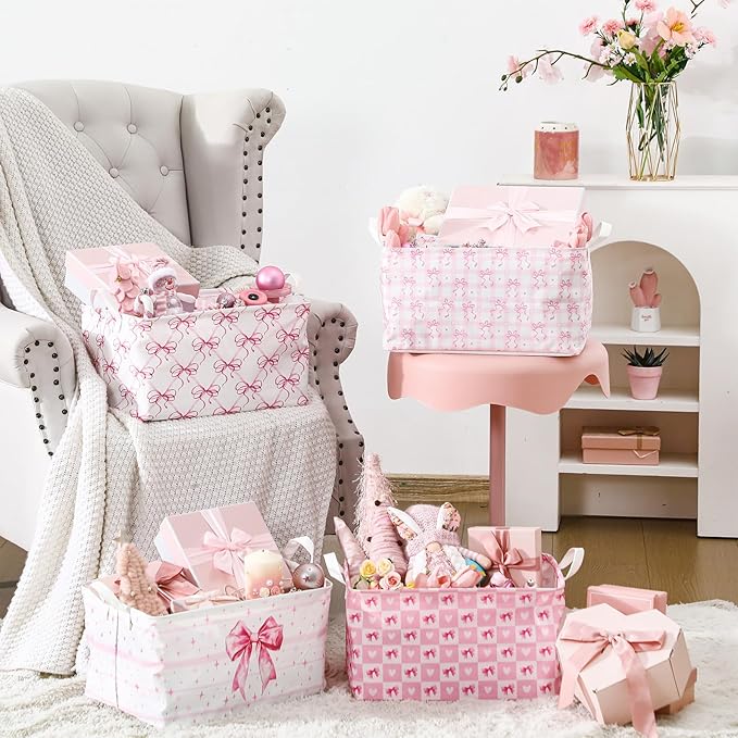 4 Pcs Pink Bow Storage Basket for Gifts Collapsible Girls Coqutte Pink Storage - Image 5