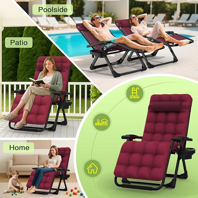 Suteck Zero Gravity Chair, Reclining Camping Lounge Chair w/Removable Cushion, Upgraded Lock and Cup Holder, Reclining Patio Chairs Folding Recliner for Indoor and Outdoor, Claret - Image 5