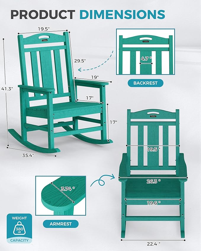 Ciokea Oversized Outdoor Rocking Chair, 380lbs Heavy-Duty Large Patio Rocker, Weather Resistant & Anti-Fade Porch Chair, High Back Cozy Rocking Chair for Outside, Fire Pit, Deck, Garden, Aruba Blue - Image 3
