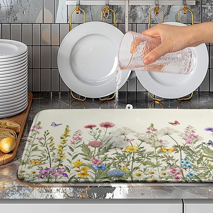 Spring Dish Drying Mat Summer Floral Flowers Kitchen Dish Drying Pad Absorbent - Image 4