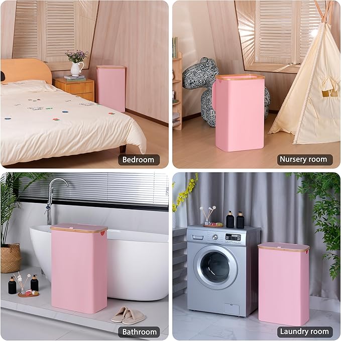 100L Laundry Hamper with Lid, Lagre Basket with Bamboo Handles, Foldable - Image 3