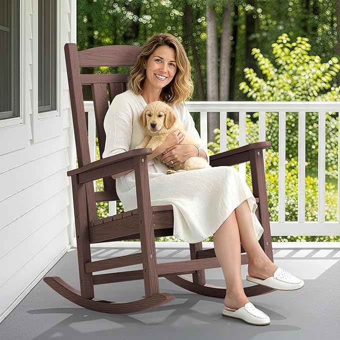 SERWALL Oversized Outdoor Rocking Chair, All-Weather Patio Rocking Chair, HDPE Porch Rocker for Adults, Coffee - Image 2
