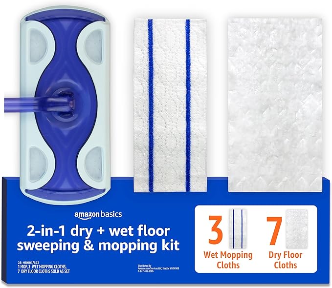 Amazon Basics Wet & Dry Sweeper Kit, 1 Sweeper Handle, 7 Heavy Duty Dry Floor by AmazonBasics