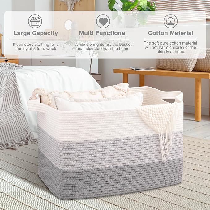 OIAHOMY Extra Large Blanket Basket, 110L Cotton Rope Woven Laundry Basket - Image 2