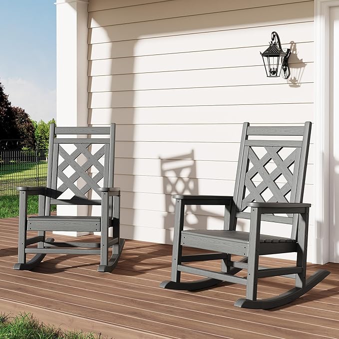 GarveeLife Outdoor Rocking Chair Set of 2, HDPE Weather Resistant Patio Rocking Chair Porch Rocker with Wood Texture & 380 LBS Support for Deck, Pool, Backyard, Gray by GarveeLife