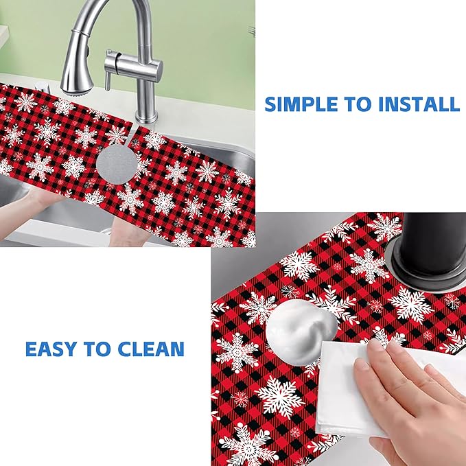 Christmas Snowflake Kitchen Sink Splash Guard Mat Buffalo Plaid Absorbent Fast - Image 5
