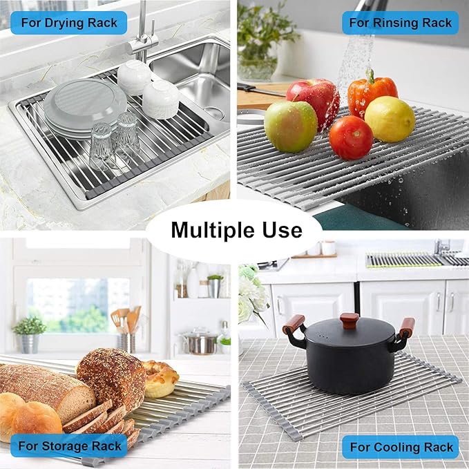 Over the Sink Dish Drying Rack, Searik Roll up Sink Dish Drainer Rack Foldable - Image 5