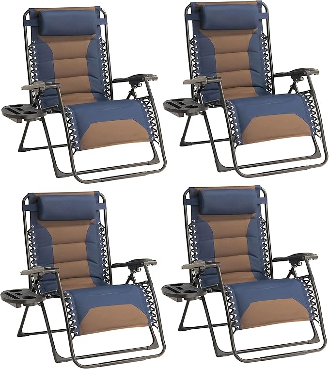 Zero Gravity Chair Set of 4 Oversized Padded Recliner with Adjustable Headrest & Cup Holder - 600D Oxford Folding Lounge Chair for Outdoor Camping, Patio, Poolside (Brown & Blue) by Unknown