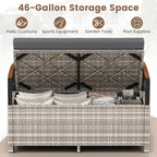 RELAX4LIFE Wicker Outdoor Storage Bench, Rattan Deck Box w/Protective Liner for Patio Furniture Pillows & Garden Tools, Porch Loveseat with Seat Cushion, Acacia Wood Armrests (Grey) - Image 3