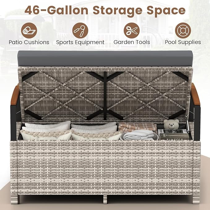 RELAX4LIFE Wicker Outdoor Storage Bench, Rattan Deck Box w/Protective Liner for Patio Furniture Pillows & Garden Tools, Porch Loveseat with Seat Cushion, Acacia Wood Armrests (Grey) - Image 3