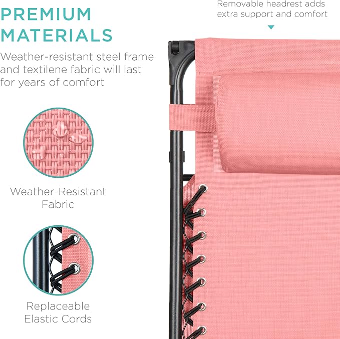 Best Choice Products Folding Zero Gravity Outdoor Recliner Patio Lounge Chair w/Adjustable Canopy Shade, Headrest, Side Accessory Tray, Textilene Mesh - Pink - Image 6