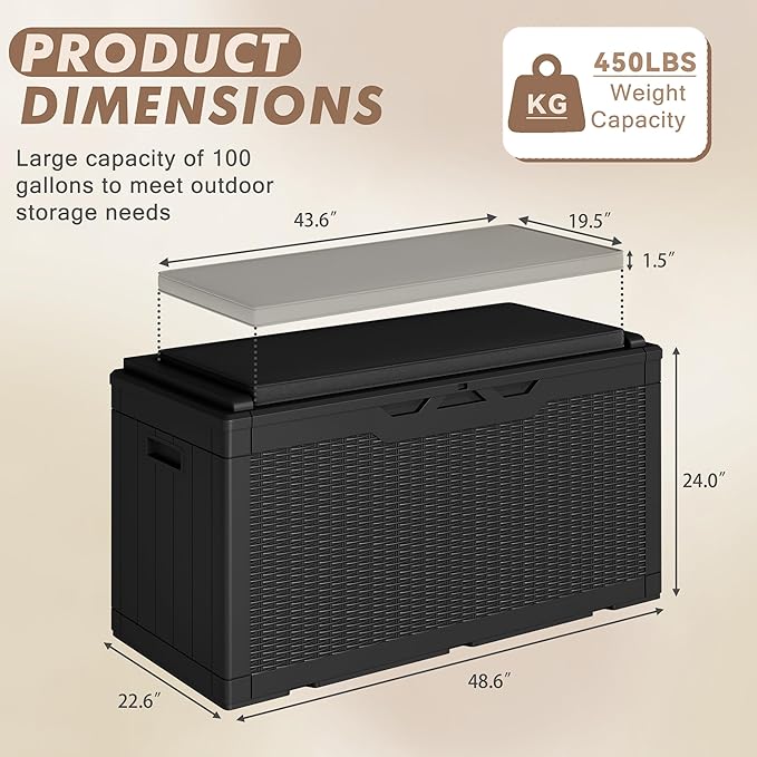 Devoko 100 Gallon Deck Box, Waterproof Outdoor Storage Box with Cushion (Black) - Image 5