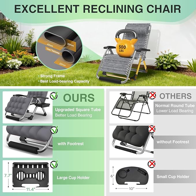 Suteck Oversized Zero Gravity Chair,33In XXL Lounge Chair w/Removable Cushion&Headrest, Reclining Camping Chair w/Upgraded Lock and Footrest, Reclining Patio Chairs Recliner for Indoor Outdoor,500LBS - Image 5