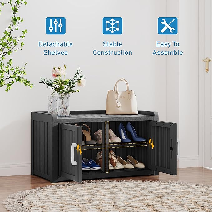 2-Tier Storage Bench, Waterproof UV-Resistant Outdoor Shoe Storage Cabinet with 2 Doors & Adjustable Shelves for Indoor Outdoor Entryway, Hallway, Living Room (Midnight Black) - Image 3