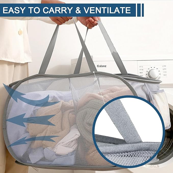 4 Pack Collapsible Laundry Baskets Dual Compartment, Mesh Pop Up Hamper - Image 4