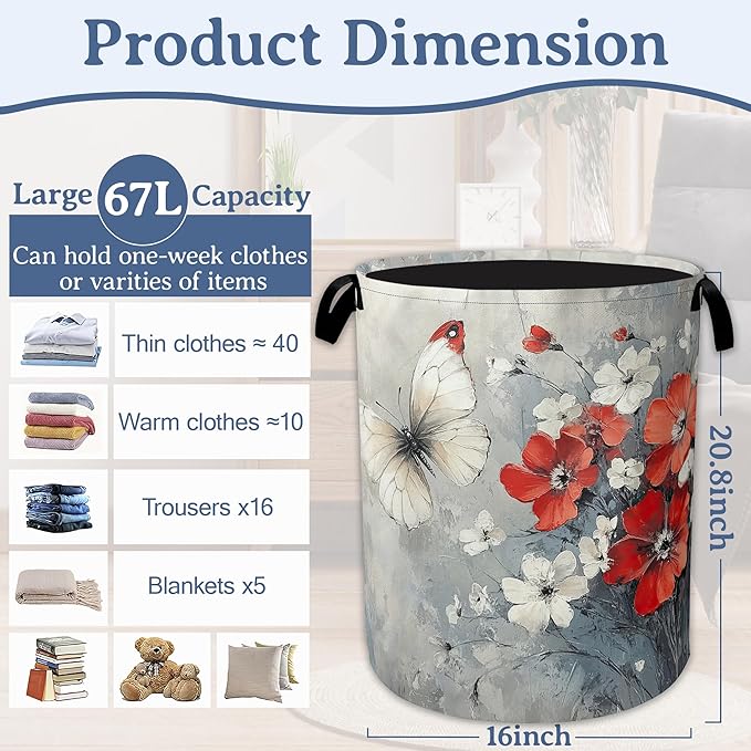 Butterfly Flowers Laundry Basket, Foldable Oxford Cloth Red Laundry Hamper - Image 2