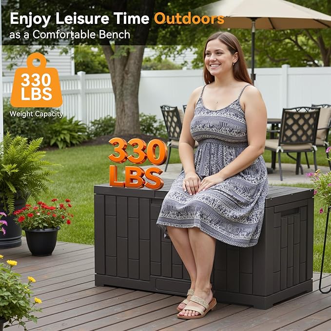 NEWBULIG 60 Gallon Deck Box, Waterproof Outdoor Storage Box with Lockable Lid, Patio Furniture Bench & Side Table, Outside Storage Container, Tool-Free Assembly, for Garden, Pool, Brown - Image 3