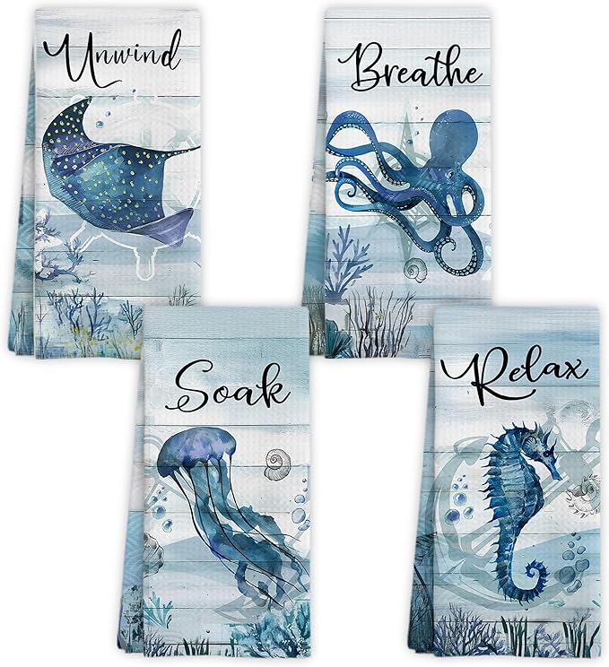 Nautical Hand Towels, Coastal Beach Bathroom Decor, Manta Ray Octopus Jellyfish by Unknown