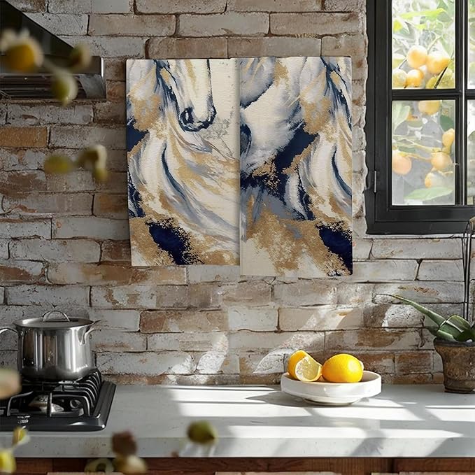 Golden Horse Oil Painting Kitchen Hand Towel Set of 2, Abstract Art Painting - Image 5