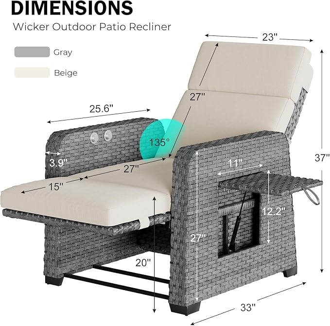 Restland Outdoor Recliner with Independent Adjustable Back & Footrest Wicker Patio Reclining Chair with Flip Table Comfortable Lounge Chair & Thick Cushion for Deck, Porch (Beige) - Image 2